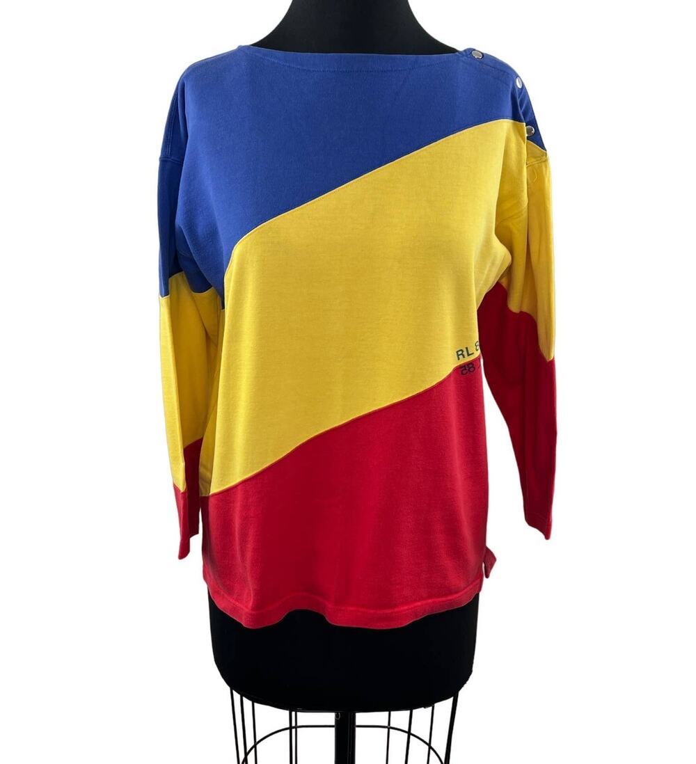 VINTAGE Ralph Lauren Women's Stripe Colorblock Button Shoulder Sweater Cotton M